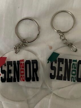 Senior 2021 Acrylic Keychain Pair - Black with Red & Green Accents color can cha